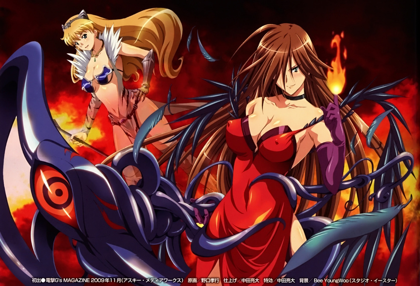 2girls absurdres bare_shoulders blonde_hair blue_eyes blush breasts brown_hair choker cleavage collarbone detached_sleeves dress earrings elbow_gloves elina erect_nipples fire funikura gauntlets gloves hair_over_one_eye highres jewelry large_breasts long_hair multiple_girls navel necklace nyx official_art polearm purple_gloves queen's_blade queen's_blade smile spear staff standing tiara weapon