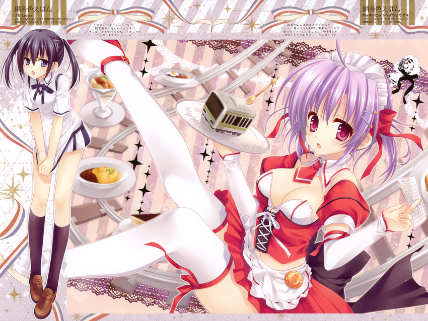 1girl absurdres black_hair blue_eyes breasts cleavage crossdressing dessert food hair_ornament hair_ribbon hairclip highres kamine_ayaka_(pia_carrot) maji_de_watashi_ni_koi_shinasai! medium_breasts midriff morooka_takuya otoko_no_ko pia_carrot_(series) pia_carrot_e_youkoso!!_4 pink_eyes purple_hair ribbon school_uniform short_hair skirt small_breasts tatekawa_mako thighhighs twintails waitress wnb_mark