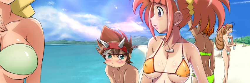 1boy 5girls ahoge aqua_eyes bandeau bangs banner beach bikini blonde_hair blue_bikini blunt_bangs blush breasts brown_hair day dinosaur_king drill_hair erect_nipples eyewear_on_head green_bikini head_out_of_frame jewelry kodai_ryuuta large_breasts long_hair looking_at_another michelle_(dinosaur_king) multiple_girls necklace odawara one-piece_tan orange_bikini orange_hair outdoors pink_hair purple_eyes short_hair sky smile spiked_hair spikes sunglasses sweat swimsuit tan tanline tatsuno_malm tatsuno_riasu twin_drills twintails underboob visor