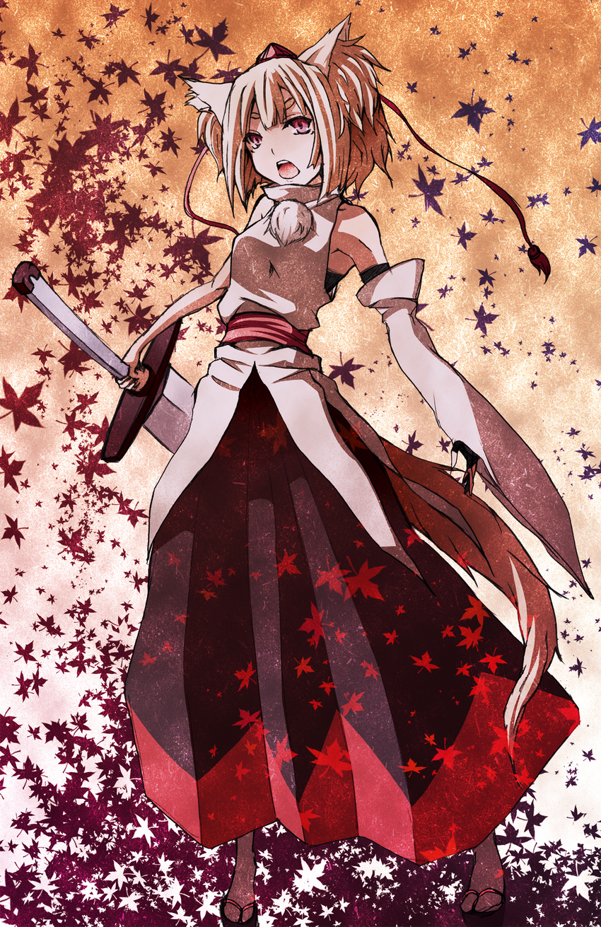 animal_ears autumn autumn_leaves bad_id bad_pixiv_id bare_shoulders colorized detached_sleeves geta hat highres huge_weapon inubashiri_momiji leaf maple_leaf open_mouth pleated_skirt red_eyes ribbon s-syogo short_hair skirt solo sword tail tokin_hat touhou weapon white_hair wolf_ears