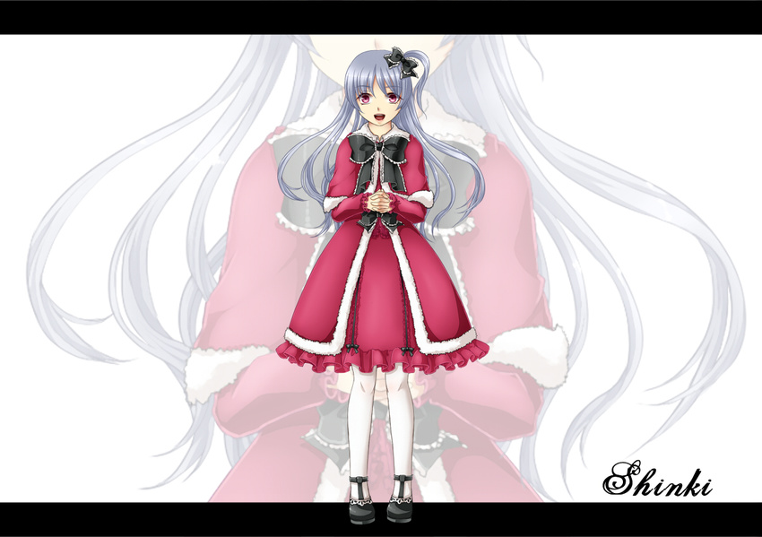 :d bad_id bad_pixiv_id bow capelet dress frills fur_trim geike hair_bow hands_clasped long_hair open_mouth own_hands_together pantyhose pink_eyes red_capelet shinki side_ponytail silver_hair smile solo touhou white_legwear zoom_layer