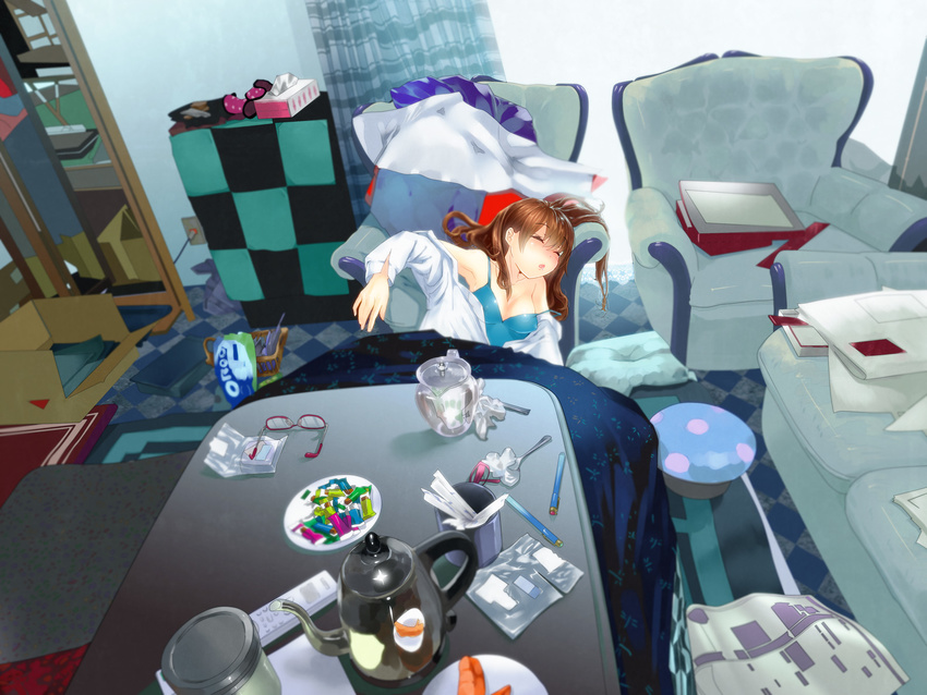 bad_id bad_pixiv_id blurry breasts brown_hair chair couch covered_nipples drooling easy_chair glasses long_hair medium_breasts messy_room original pen sleeping solo strap_slip teapot tissue_box yadapot