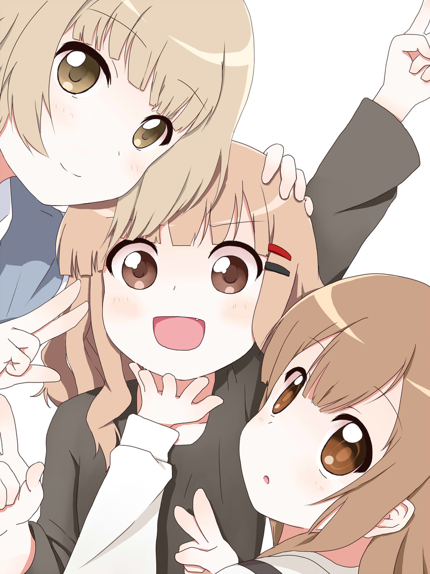 blonde_hair brown_eyes brown_hair double_v face fang hair_ornament hairclip hand_on_another's_chin hand_on_another's_head highres kinehansuke multiple_girls oomuro_hanako oomuro_nadeshiko oomuro_sakurako open_mouth siblings sisters smile v w yuru_yuri