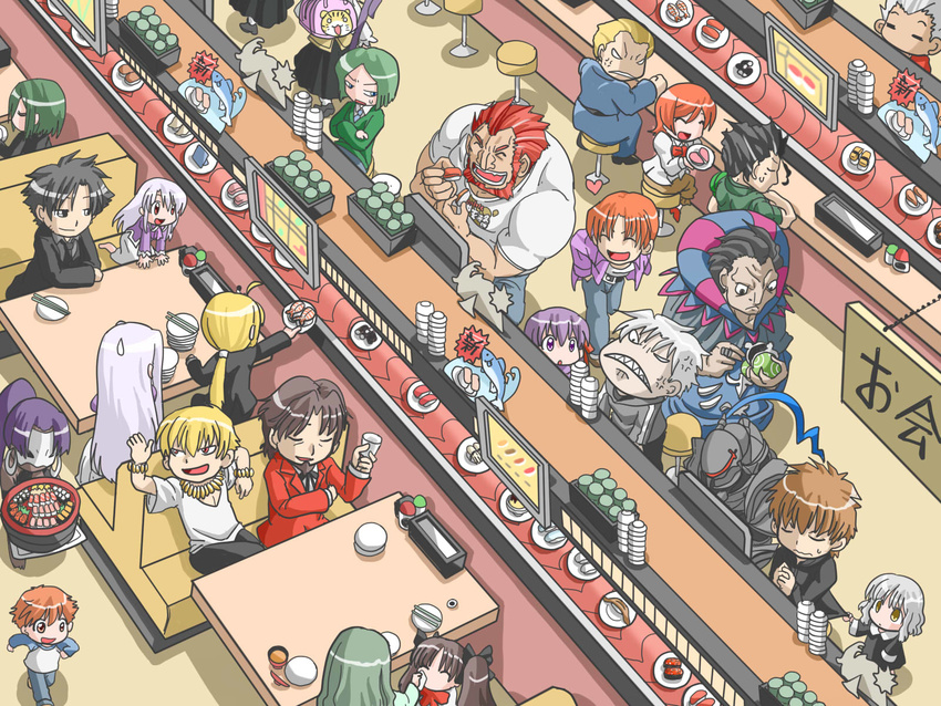 6+girls :d :o ahoge anger_vein archer armor artoria_pendragon_(all) assassin_(fate/zero) berserker_(fate/zero) black_hair blonde_hair bracelet brown_hair caren_hortensia caster_(fate/zero) chibi chopsticks closed_eyes conveyor_belt conveyor_belt_sushi crossed_arms earrings emiya_kiritsugu emiya_shirou everyone facial_hair family fangs fate/stay_night fate/zero fate_(series) father_and_daughter female_assassin_(fate/zero) fish food formal from_above gilgamesh green_hair gunkanmaki hand_in_pocket heart highres hisau_maiya hohetomaru illyasviel_von_einzbern irisviel_von_einzbern jewelry kayneth_el-melloi_archibald kotomine_kirei lancer_(fate/zero) long_hair mask matou_kariya matou_sakura mother_and_daughter multiple_boys multiple_girls muscle nabe necklace necktie nigirizushi open_mouth orange_hair ponytail purple_eyes purple_hair rider_(fate/zero) running saber short_hair silver_hair sleeve_tug smile sola-ui_nuada-re_sophia-ri suit sushi sweatdrop toosaka_aoi toosaka_rin toosaka_tokiomi twintails uryuu_ryuunosuke waver_velvet wiping_face yellow_eyes