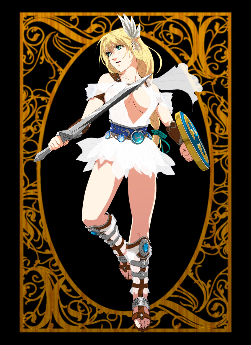 areolae belt blonde_hair boots braid breasts center_opening cleavage covered_nipples green_eyes hair_ornament highres jewelry large_breasts legs long_hair nipples ooyama_(o-yama) sandals see-through shield skirt solo sophitia_alexandra soulcalibur soulcalibur_iv sword thighs vambraces weapon