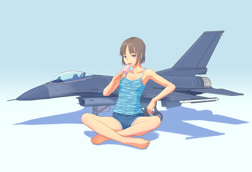 aircraft airplane bare_shoulders barefoot camisole collarbone denim denim_shorts f-16_fighting_falcon feet fighter_jet flash_tomo food giantess indian_style jet licking looking_at_viewer military military_vehicle original popsicle purple_eyes short_shorts shorts sitting solo