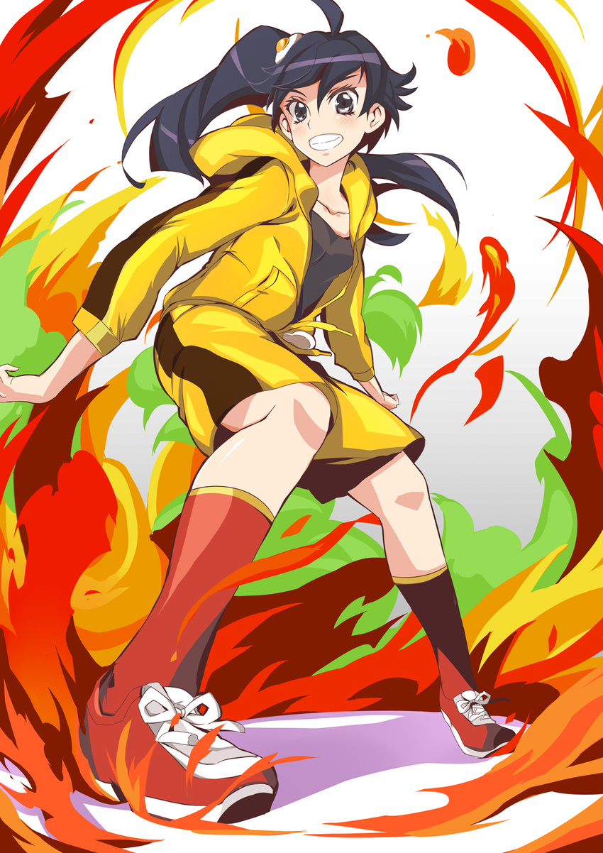 ahoge araragi_karen bakemonogatari black_eyes black_hair fire grin highres hood hooded_track_jacket hoodie jacket monogatari_(series) nisemonogatari por shorts side_ponytail smile solo track_jacket