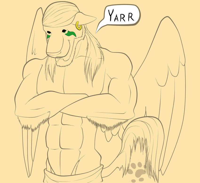 abs anthro biceps canine feline green_eyes hair kitpup lionsilverwolf long_hair looking_at_viewer male mammal manly muscles pecs pirate plain_background smile solo tail wings