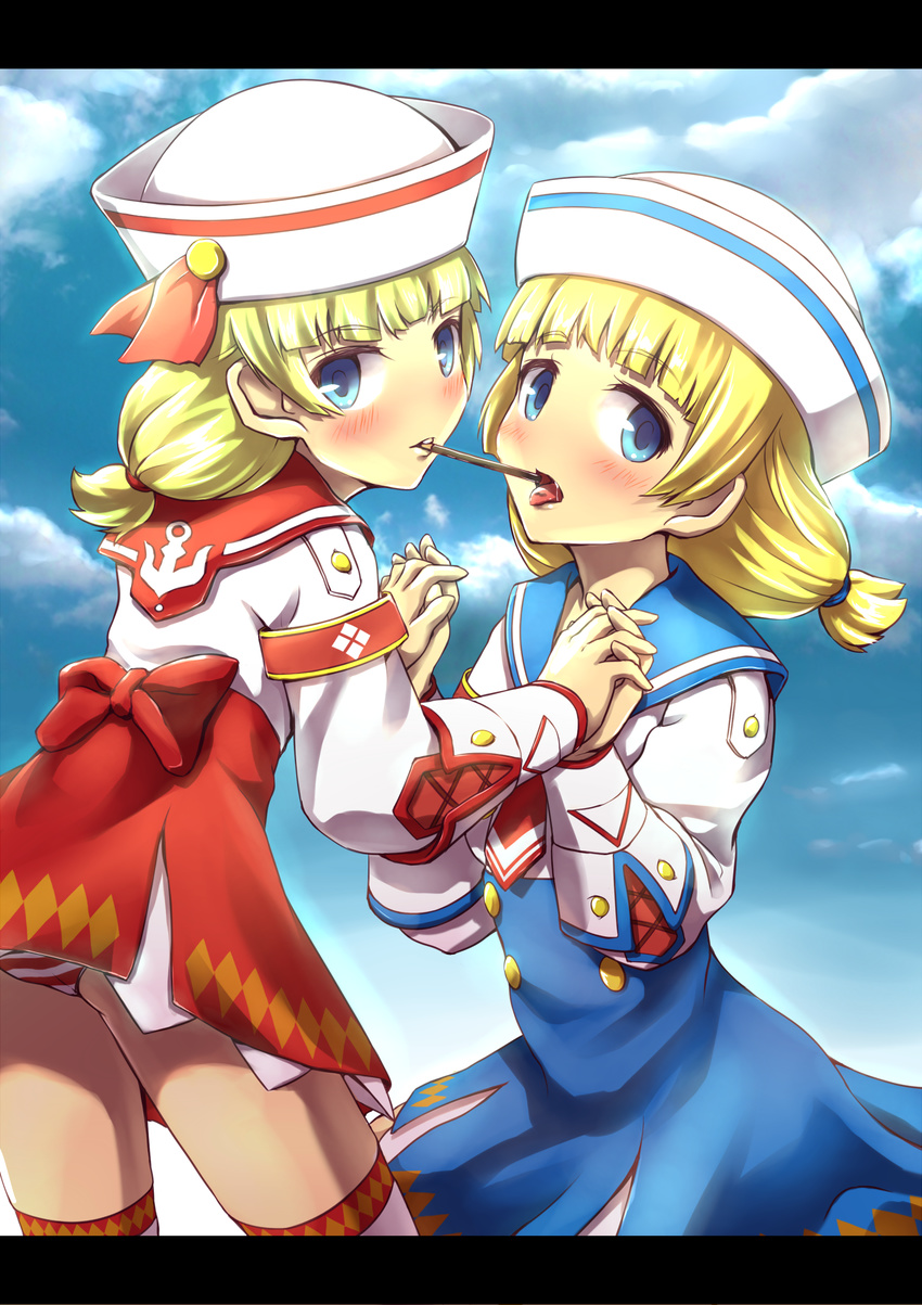 arena_clerk_(monster_hunter_3_ultimate) blonde_hair blue_eyes dixie_cup_hat food hat highres holding_hands letterboxed looking_at_viewer military_hat monster_hunter monster_hunter_3_g mouth_hold multiple_girls open_mouth panties pocky pocky_kiss quest_receptionist_(monster_hunter_3_ultimate) sailor sailor_hat saliva shared_food skirt striped striped_panties tayashitsu thighhighs underwear yuri