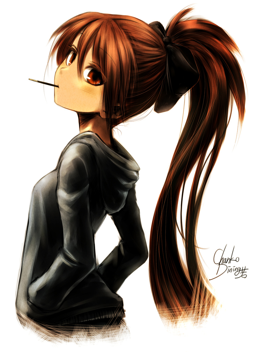 absurdres bad_id bad_pixiv_id bow brown_eyes eating food hair_bow hands_in_pockets head_tilt highres hood hoodie long_hair looking_at_viewer mahou_shoujo_madoka_magica mouth_hold pocky ponytail red_hair sakura_kyouko signature simple_background solo sweater upper_body white_background yoshida_hideyuki