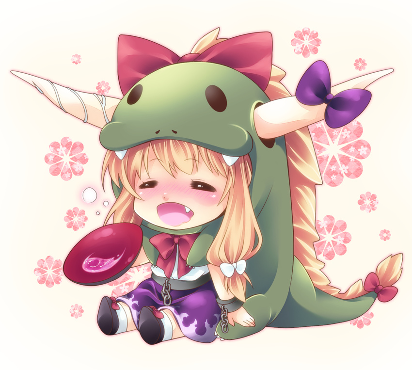 alcohol animal_costume blonde_hair blush bow chibi cuffs dragon_costume fang hair_bow hair_ribbon horn_ribbon horns ibuki_suika long_hair open_mouth ribbon sake saucer shackles shirt simons62166 sitting skirt solo touhou