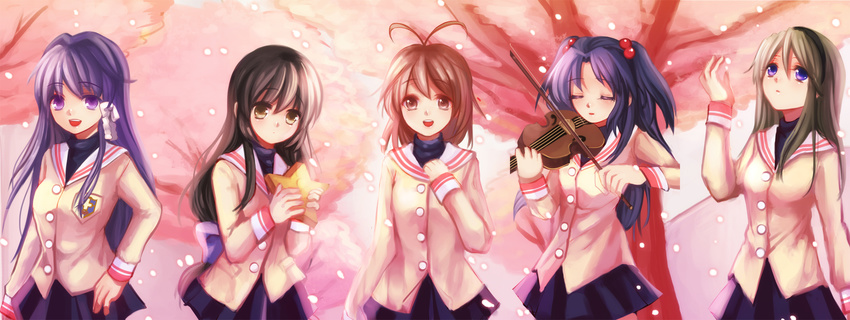 antenna_hair bad_id bad_pixiv_id black_hair blue_hair brown_eyes brown_hair cherry_blossoms clannad closed_eyes fujibayashi_kyou furukawa_nagisa hair_bobbles hair_ornament hairband highres hikarizaka_private_high_school_uniform ibuki_fuuko ichinose_kotomi long_hair multiple_girls purple_eyes purple_hair sakagami_tomoyo school_uniform serafuku short_hair silver_hair skirt starfish tree two_side_up yapeng