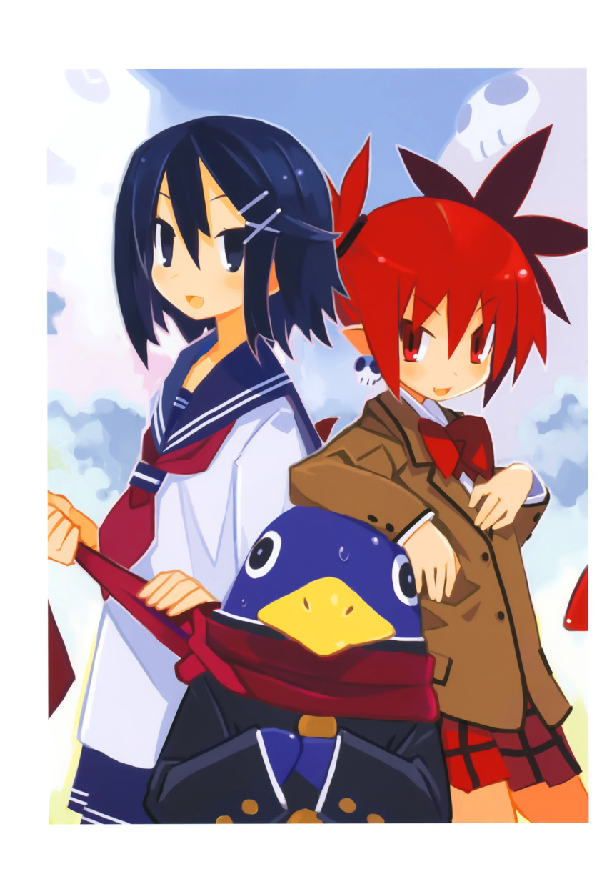 absurdres asagiri_asagi black_eyes black_hair blazer bow cloud day disgaea earrings etna fang gakuran hair_between_eyes hair_ornament hairclip hand_on_own_chest harada_takehito highres jacket jewelry looking_at_viewer makai_senki_disgaea multiple_girls nippon_ichi plaid plaid_skirt pleated_skirt pointy_ears prinny red_eyes red_hair red_scarf scarf school_uniform serafuku short_twintails skirt skull sky smile sweatdrop twintails