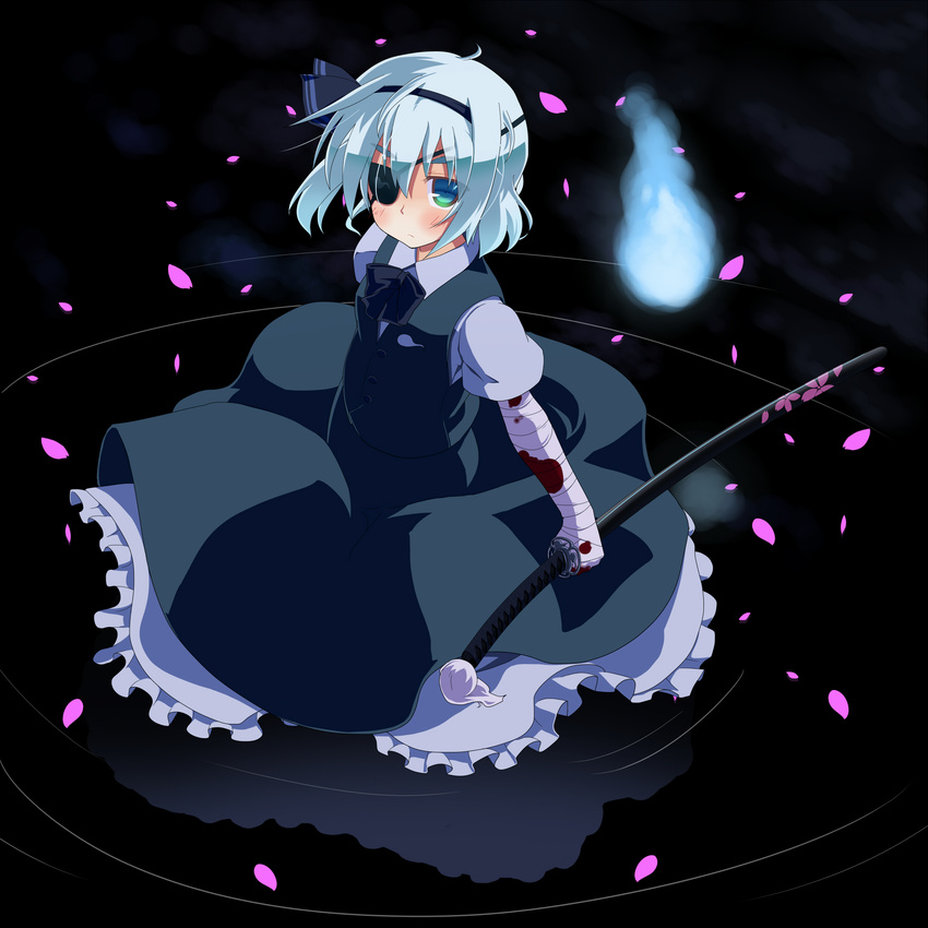 bandages black_hairband blood blue_eyes eyepatch green_eyes hair_ribbon hairband highres hujikok katana konpaku_youmu konpaku_youmu_(ghost) multicolored multicolored_eyes ribbon scabbard sheath short_hair silver_hair skirt solo sword touhou vest weapon