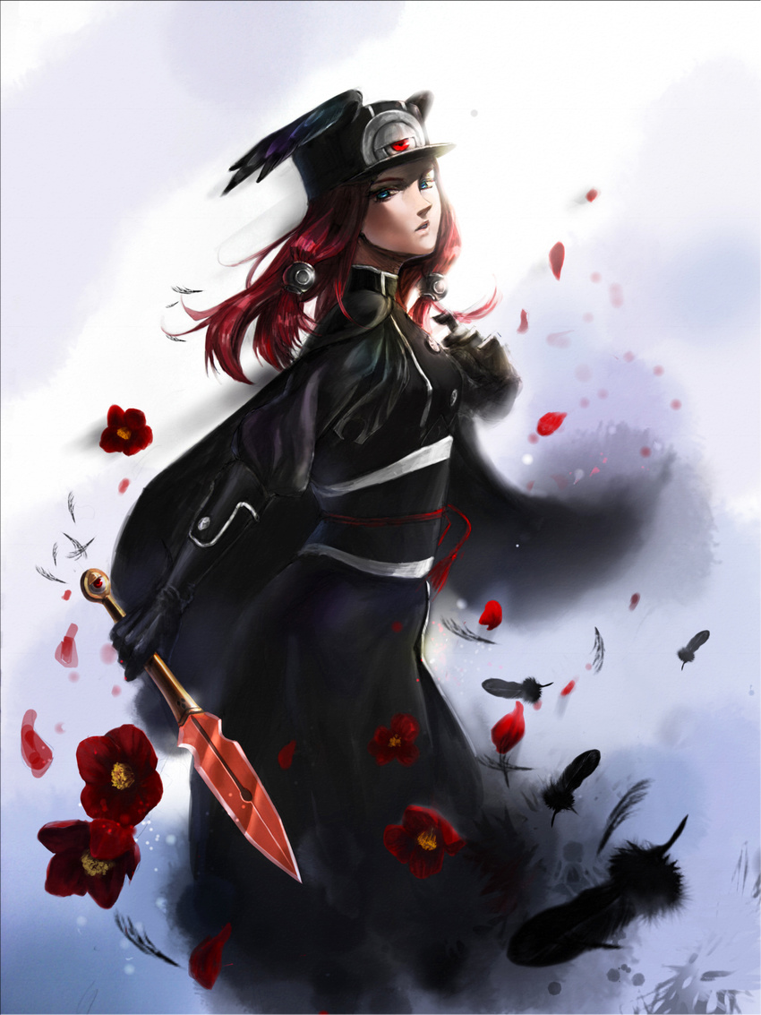 alternate_color bad_id bad_pixiv_id blazblue blue_eyes cape feathers flower gloves hair_tubes hat head_wings highres long_hair looking_at_viewer military military_uniform red_hair short_sword solo sword tsubaki_yayoi umin_(umtiming) uniform weapon