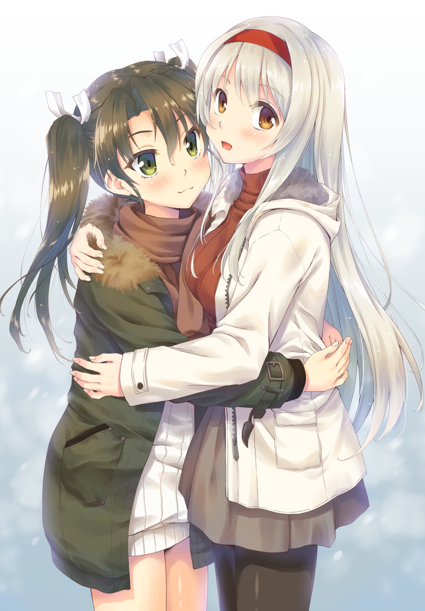 2girls alternate_costume bangs black_legwear blush breasts closed_mouth commentary_request eyebrows_visible_through_hair green_eyes green_hair hair_between_eyes hairband highres hug jacket kantai_collection long_hair looking_at_viewer medium_breasts minakami_nagara multiple_girls open_mouth pantyhose ribbon scarf shoukaku_(kantai_collection) silver_hair skirt smile standing sweater twintails winter_clothes yellow_eyes zuikaku_(kantai_collection)