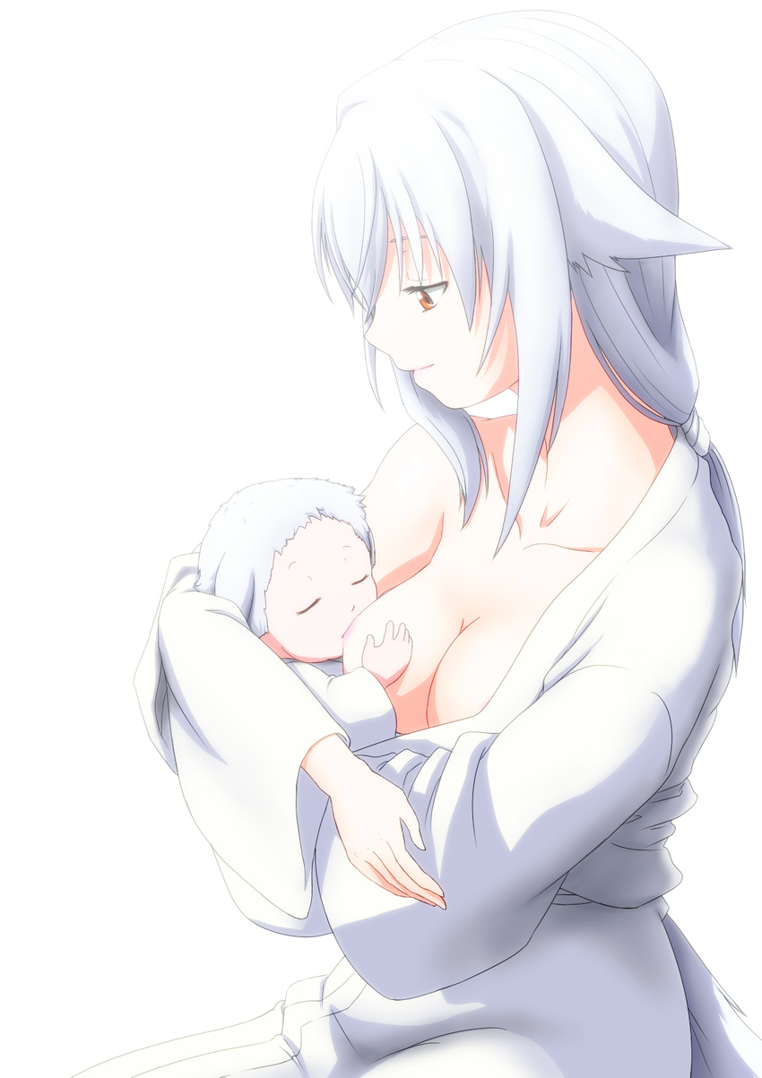 alternate_hair_length alternate_hairstyle animal_ears baby baby_carry breast_feeding breasts carrying child cleavage closed_eyes highres inubashiri_momiji japanese_clothes kimono medium_breasts mother_and_child motherly no_hat no_headwear off_shoulder orange_eyes ponytail sachishiro_pengin short_hair smile tail touhou white white_hair wolf_ears wolf_tail