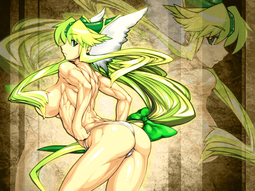 alexander_(artist) ass back bad_id bad_pixiv_id blonde_hair breasts green_eyes large_breasts long_hair looking_back low-tied_long_hair muscle muscular_female panties riesz seiken_densetsu seiken_densetsu_3 solo topless underwear underwear_only very_long_hair white_panties zoom_layer