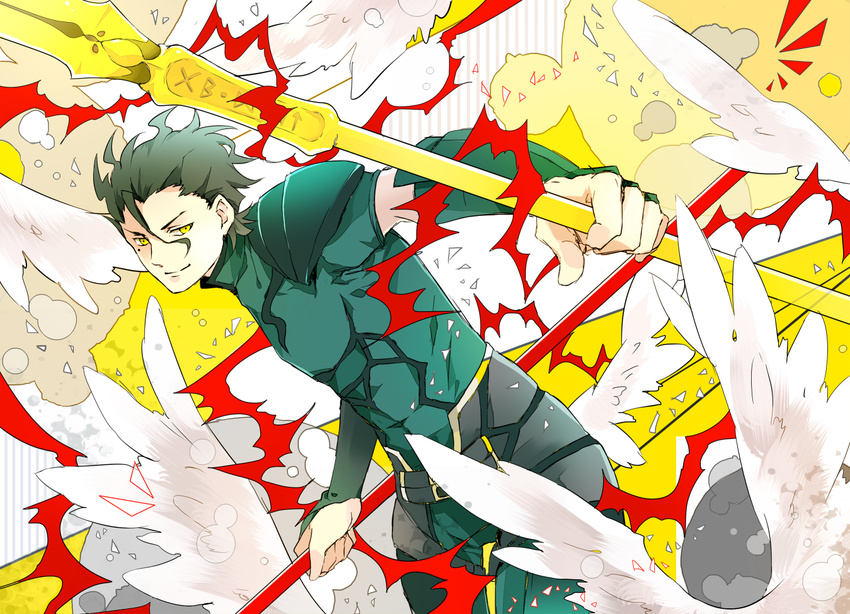 ahoge bad_id bad_pixiv_id black_hair fate/zero fate_(series) feathers gae_buidhe gae_dearg lancer_(fate/zero) male_focus mole mole_under_eye polearm solo spear unakura weapon wings yellow_eyes