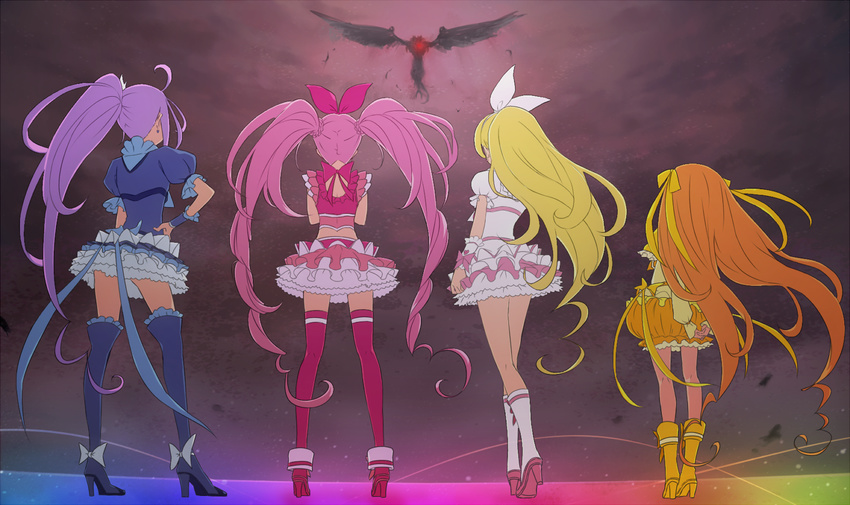 4girls back bad_id bad_pixiv_id blonde_hair blue_footwear blue_legwear boots bow bubble_skirt cure_beat cure_melody cure_muse_(yellow) cure_rhythm flying from_behind houjou_hibiki knee_boots kurokawa_eren long_hair magical_girl minamino_kanade multiple_girls noise_(suite_precure) orange_hair pink_bow pink_hair pink_legwear ponytail precure purple_hair ryuuama seiren_(suite_precure) shirabe_ako side_ponytail skirt spoilers suite_precure thigh_boots thighhighs twintails yellow_bow