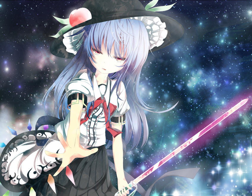 blue_hair food fruit hat hinanawi_tenshi long_hair md5_mismatch outstretched_hand peach pink_eyes red_eyes shirt skirt solo star_(sky) sword_of_hisou touhou umagenzin
