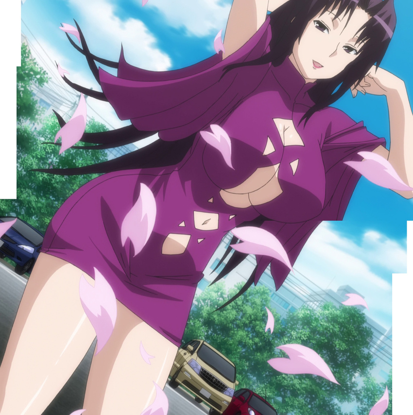 1girl blossom breasts dress highres kazehana long_hair pink_dress purple_hair screencap sekirei short_dress smile solo standing