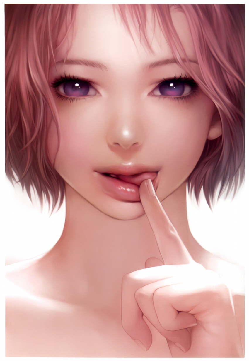 :p absurdres airspace border face finger_to_mouth hands highres lips looking_at_viewer open_mouth original pink_hair purple_eyes realistic scan short_hair simple_background smile solo tongue tongue_out upper_body white_border