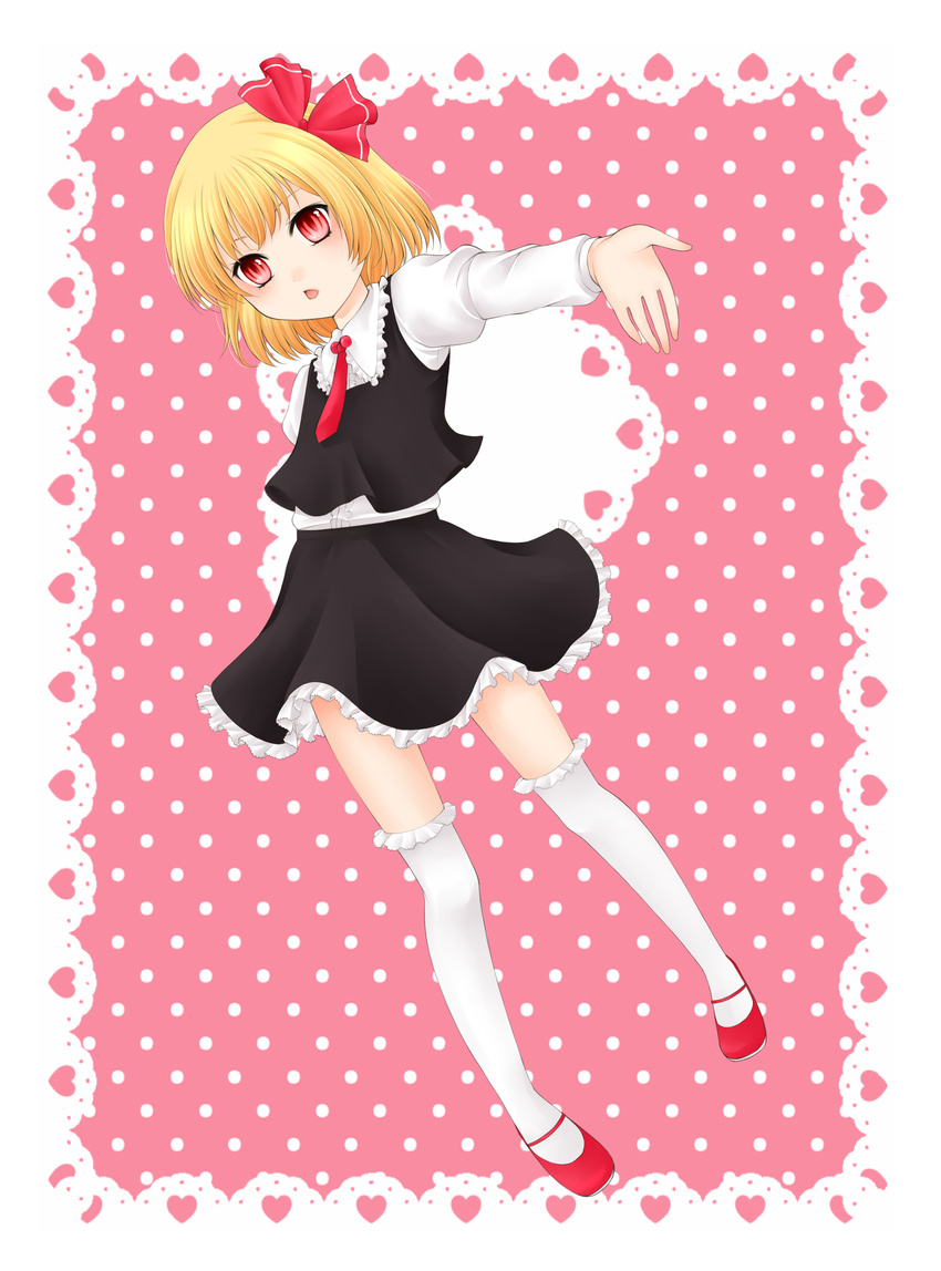 :o absurdres blonde_hair border frills hair_ribbon heart highres kutsuna_ayumu lace lips lipstick long_sleeves looking_at_viewer makeup mary_janes necktie open_hand open_mouth outstretched_arms pink_background pink_lipstick polka_dot polka_dot_background red_eyes red_neckwear ribbon rumia shirt shoes short_hair skirt solo thighhighs touhou vest