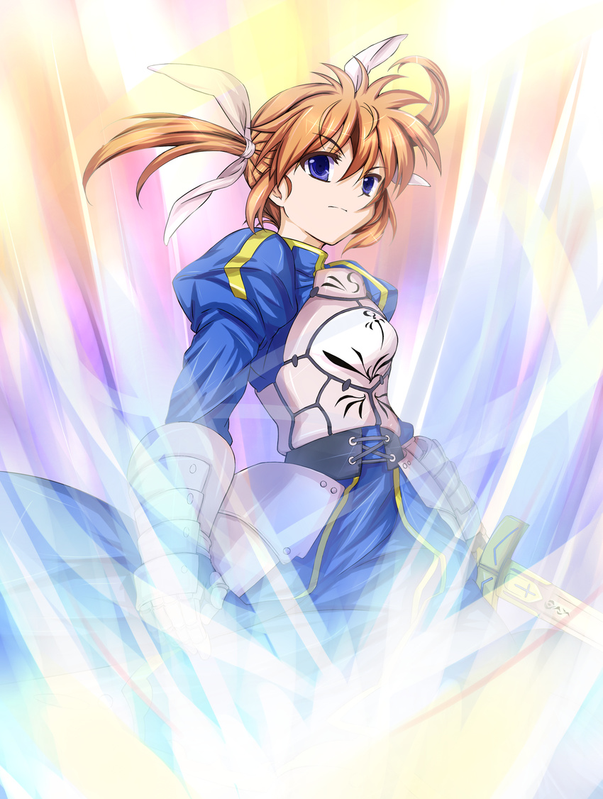 absurdres armor armored_dress artoria_pendragon_(all) bad_id bad_pixiv_id blue_eyes brown_hair cosplay dress excalibur fate/stay_night fate_(series) gauntlets hair_ribbon highres kaima lyrical_nanoha mahou_shoujo_lyrical_nanoha narusemi ribbon saber saber_(cosplay) short_hair short_twintails solo sword takamachi_nanoha twintails weapon