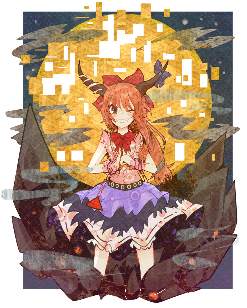 asymmetrical_hair bad_id bad_pixiv_id belt bloomers bow bowtie brown_eyes chain clenched_hand error full_moon grin hair_bow hair_tie highres horn_ribbon horns ibuki_suika itomugi-kun long_hair moon one_eye_closed open_hand orange_hair palm-fist_greeting ribbon sayagata shirt skirt sleeveless sleeveless_shirt smile smoke solo tied_hair touhou underwear wrist_cuffs