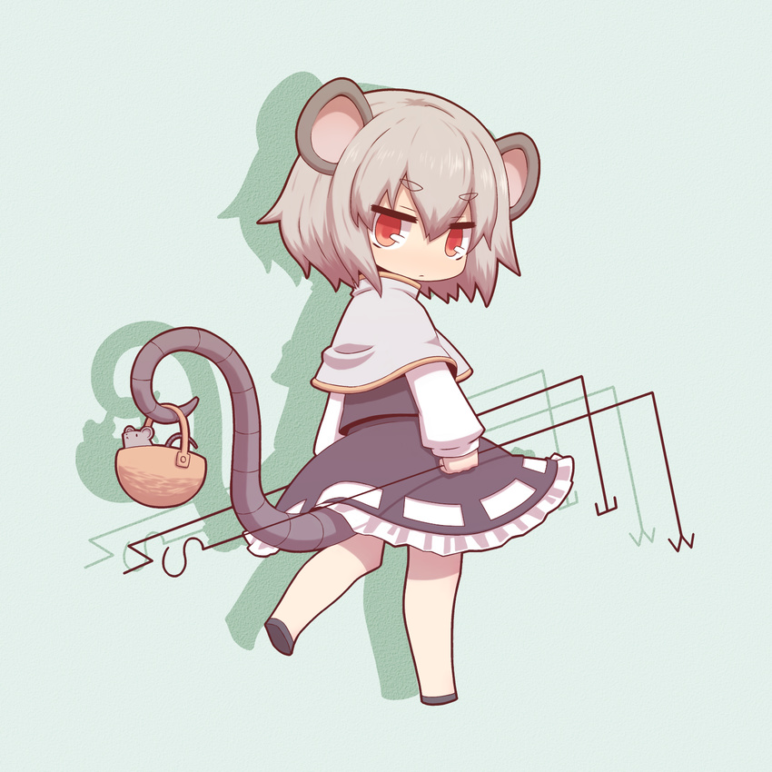 animal_ears bucket capelet chibi dowsing_rod grey_hair highres mouse mouse_ears mouse_tail nazrin red_eyes short_hair skirt solo taiga_mahoukan tail touhou