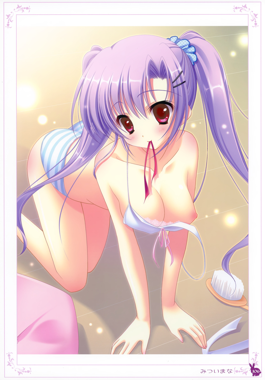 absurdres all_fours breasts brush copyright_request highres medium_breasts mitsui_mana mouth_hold nipples panties purple_hair striped striped_panties twintails underwear wardrobe_malfunction