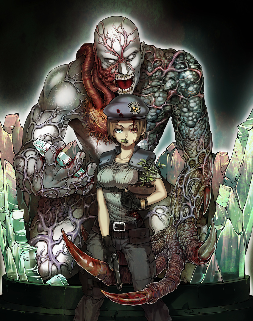 bad_id bad_pixiv_id belt beret beretta_92 blood blue_eyes brown_hair cargo_pants chewing eating fingerless_gloves gloves gun handgun hat herb heterochromia highres injury jill_valentine monster pants resident_evil short_hair torn_clothes tyrant weapon zakki