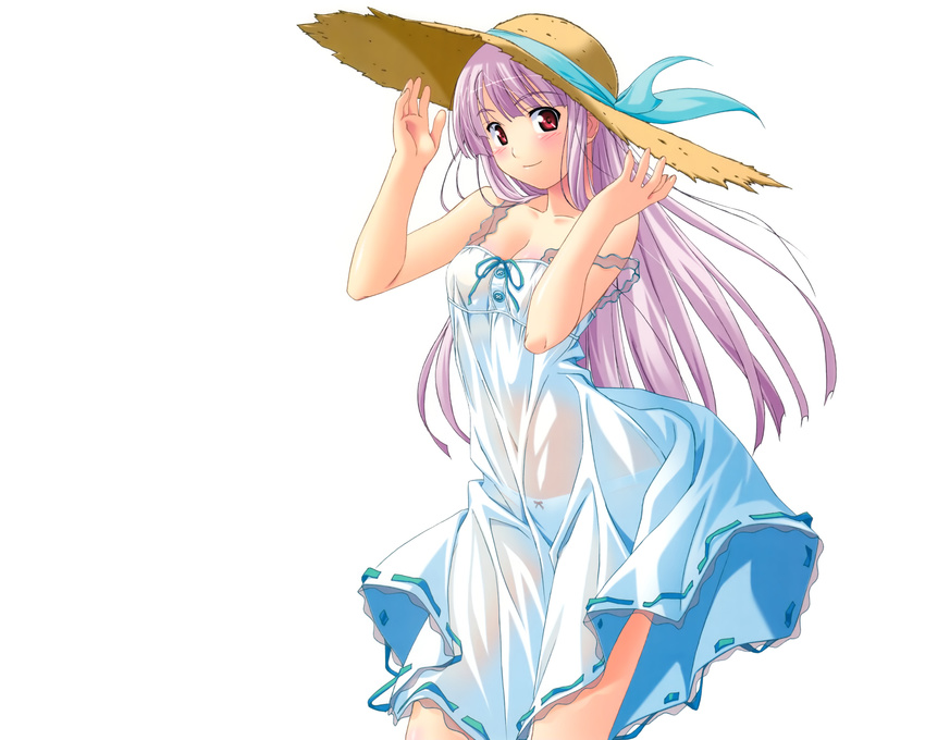 blush dress hat kuuchuu_yousai long_hair original panties pink_hair see_through summer_dress underwear white
