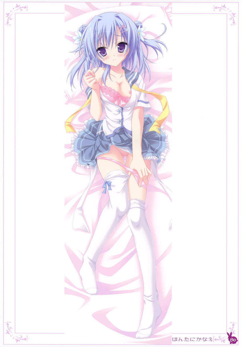 absurdres blue_hair bra breasts cleavage copyright_request dakimakura double_bun flower full_body hair_flower hair_ornament hairpin highres medium_breasts moribe_(rabumanyo) nipples no_pussy panties panty_pull pink_bra pink_panties purple_eyes ribbon school_uniform solo thighhighs underwear undressing white_legwear