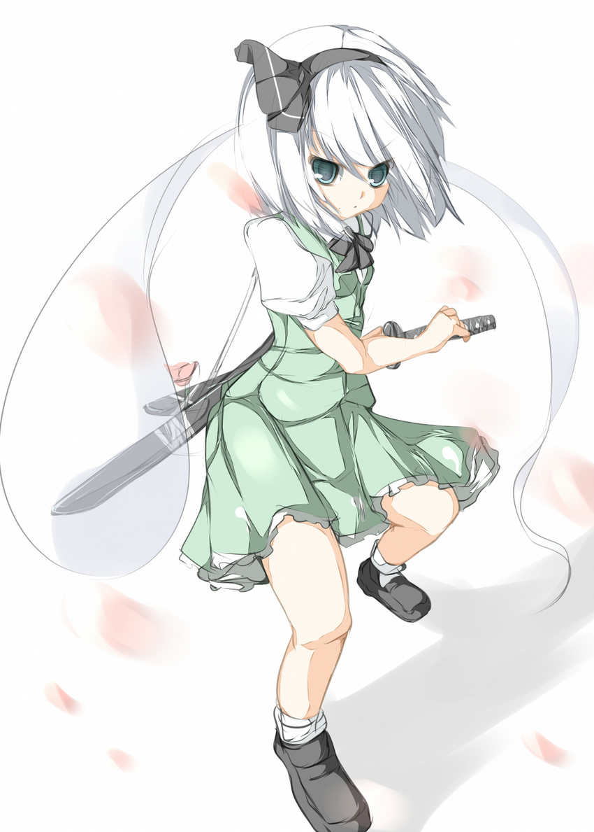 bad_id bad_pixiv_id black_hairband green_skirt hairband highres katana konpaku_youmu konpaku_youmu_(ghost) loafers ready_to_draw scabbard sheath shoes short_hair simple_background sketch skirt socks solo sword tabuchi_(tabuchisanchi) touhou weapon white_background white_hair