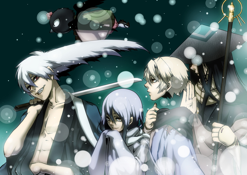 3boys black_hair green_background grin hat head highres karasu_tengu kubinashi kurotabou long_hair multiple_boys nun_(arizon) nura_rikuo nurarihyon_no_mago profile smile staff sword weapon white_hair yuki_onna_(nurarihyon_no_mago)