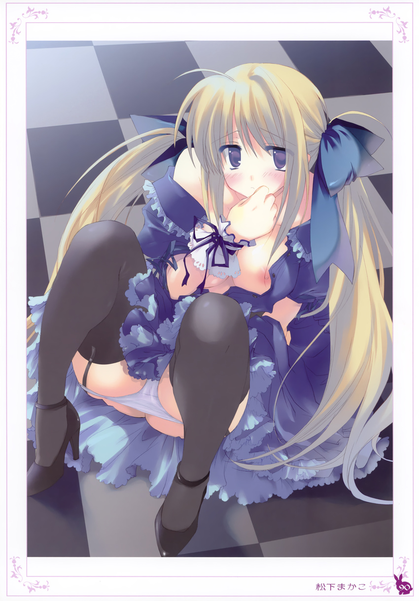 absurdres black_legwear blonde_hair breasts checkered checkered_floor copyright_request dress garter_straps high_heels highres large_breasts matsushita_makako nipples open_clothes open_shirt panties panty_pull purple_eyes ribbon shirt shoes spread_legs thighhighs twintails underwear white_panties wrist_cuffs wrist_ribbon