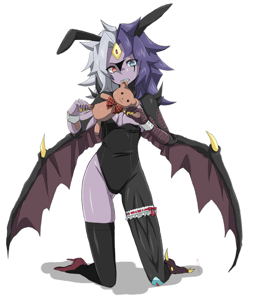 animal_ears bad_id bad_pixiv_id biting blue_eyes breasts bunny_ears bunny_girl bunnysuit claws demon_girl demon_wings duel_monster heterochromia highres kneeling leotard multicolored_hair purple_hair purple_skin red_eyes saito_katuo shoes simple_background single_shoe small_breasts solo stuffed_animal stuffed_toy teddy_bear third_eye two-tone_hair white_hair wings yubel yuu-gi-ou yuu-gi-ou_gx