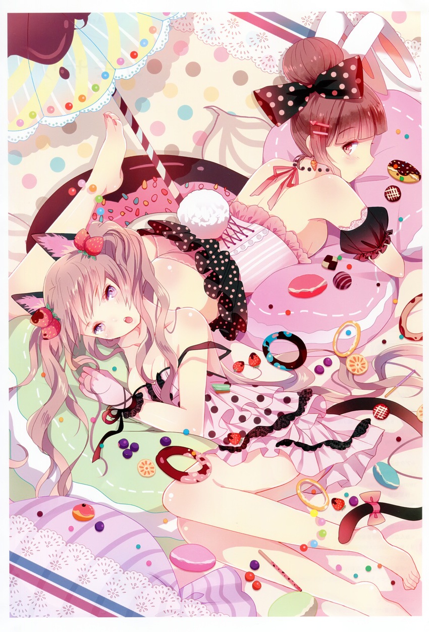 :o absurdres animal_ears barefoot bow breasts bunny_ears bunny_tail cat_ears cat_tail checkerboard_cookie cleavage cookie copyright_request domotolain food fruit hair_bow hair_bun hair_ornament highres looking_back macaron medium_breasts multiple_girls pastry pocky strawberry strawberry_pocky tail twintails