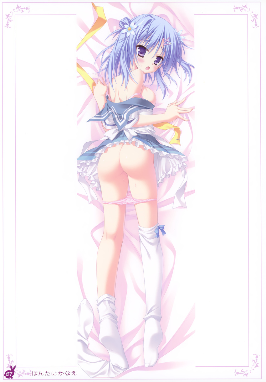 :o absurdres ass blue_hair bra breasts copyright_request dakimakura double_bun flower full_body hair_flower hair_ornament hairpin highres looking_back medium_breasts moribe_(rabumanyo) panties panty_pull pink_bra pink_panties purple_eyes ribbon school_uniform sideboob solo thighhighs thighhighs_pull underwear white_legwear