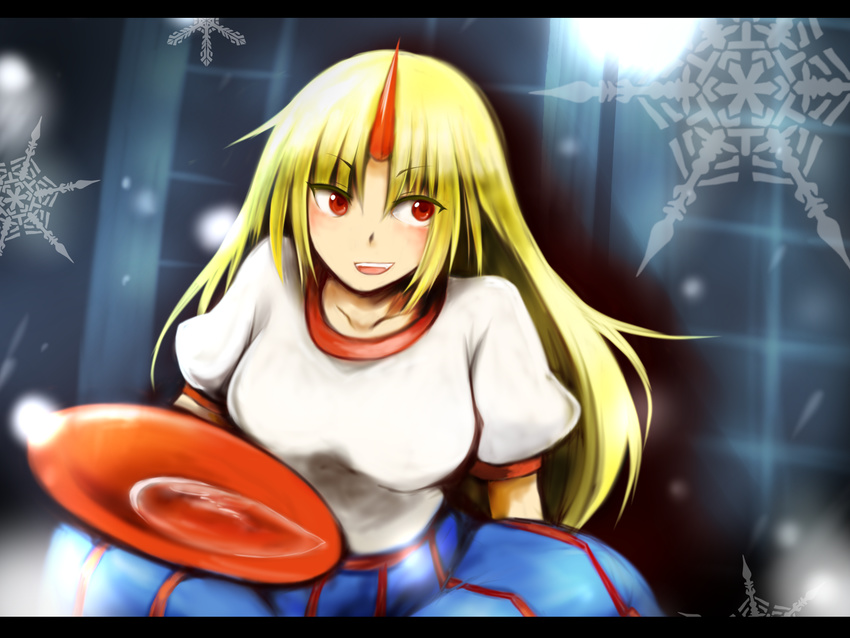 alcohol blonde_hair blush breasts cup highres horn hoshiguma_yuugi large_breasts letterboxed long_hair open_mouth pakuchii red_eyes sakazuki sake smile solo touhou