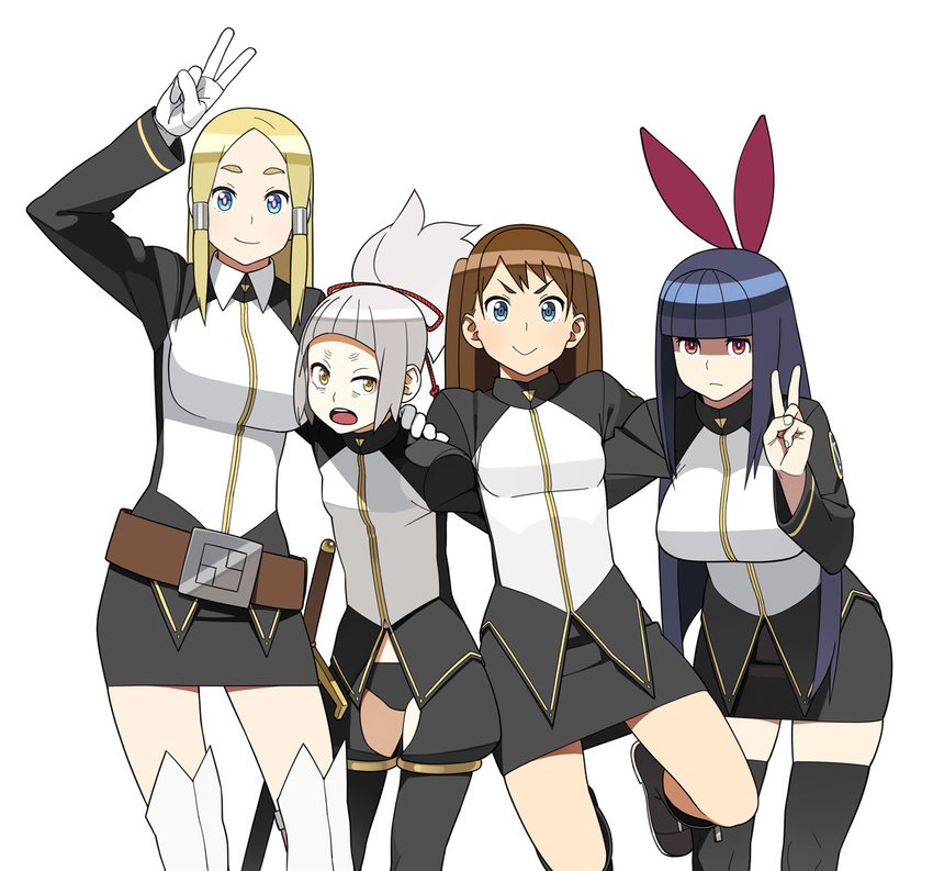 arm_up belt black_hair black_legwear black_panties blonde_hair blue_eyes breasts brown_hair flat_chest gloves go_robots large_breasts leaning_forward long_hair looking_at_viewer multiple_girls open_mouth original panties ponytail red_eyes sidelocks silver_hair simple_background smile standing standing_on_one_leg sword thighhighs twintails underwear v weapon white_background white_gloves white_legwear yellow_eyes