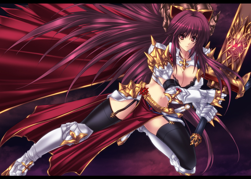 bad_id bad_pixiv_id bra breasts garter_straps gauntlets juri_(shiningred) lace lace-trimmed_bra large_breasts lingerie long_hair midriff navel pauldrons ragnarok_online red_eyes red_hair rune_knight solo spiked_knuckles spikes sword thighhighs underwear weapon