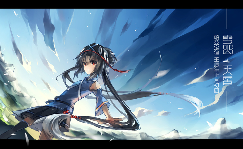 black_legwear bonnet dutch_angle grey_hair highres letterboxed long_hair luo_tianyi pastazhou pleated_skirt red_eyes short_hair_with_long_locks single_thighhigh skirt sky solo thighhighs very_long_hair vocaloid vocanese