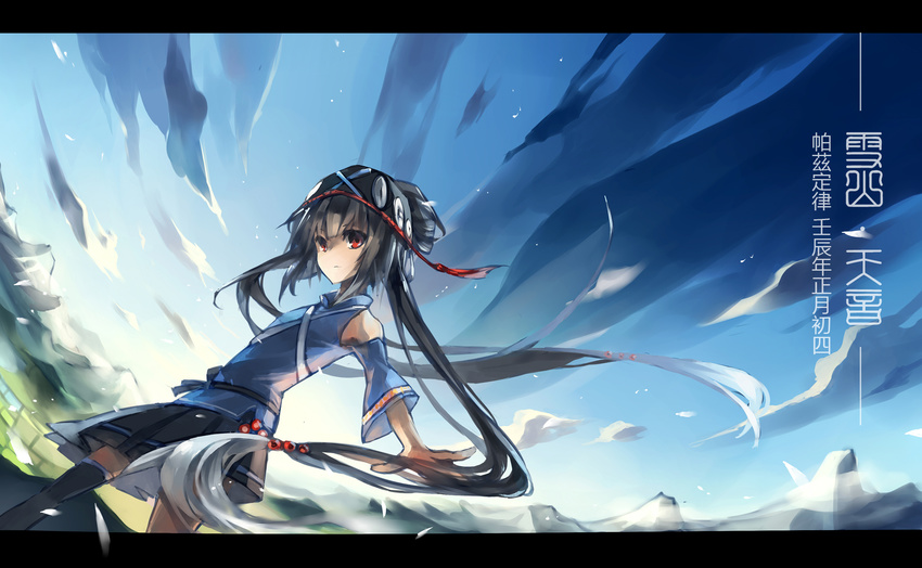 1girl black_thighhighs bonnet commentary_request dutch_angle grey_hair highres letterboxed long_hair luo_tianyi pastazhou photoshop_(medium) pleated_skirt red_eyes short_hair_with_long_locks single_thighhigh skirt sky solo thighhighs very_long_hair vocaloid vsinger