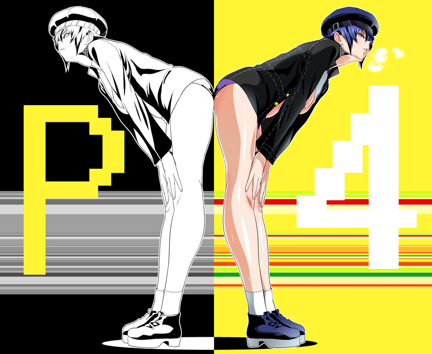 bent_over blue_hair breasts cabbie_hat hat highres jacket legs no_pants open_clothes open_shirt persona persona_4 shino_(comic_penguin_club) shirogane_naoto shirt shoes short_hair small_breasts socks symmetry