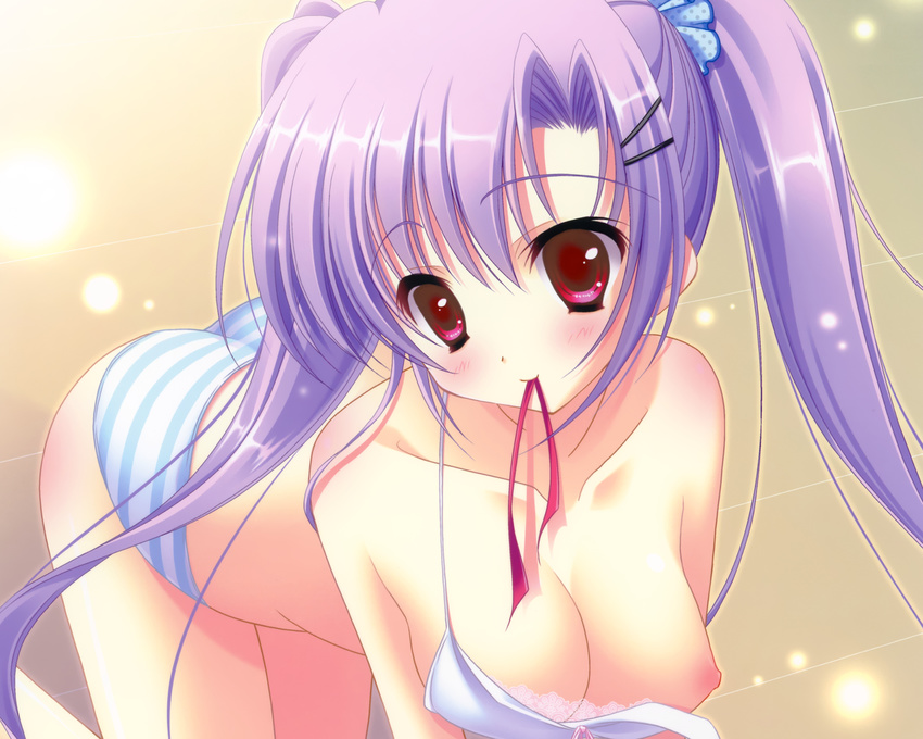 bent_over bra breasts character_request copyright_request highres large_breasts lingerie long_hair mitsui_mana mouth_hold nipples panties purple_hair red_eyes solo striped striped_panties twintails underwear underwear_only undressing