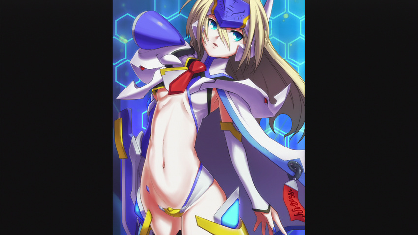 arc_system_works artist_request blazblue blonde_hair blue_eyes breasts cape detached_sleeves mecha_musume midriff mu-12 navel necktie official_art small_breasts tie underboob