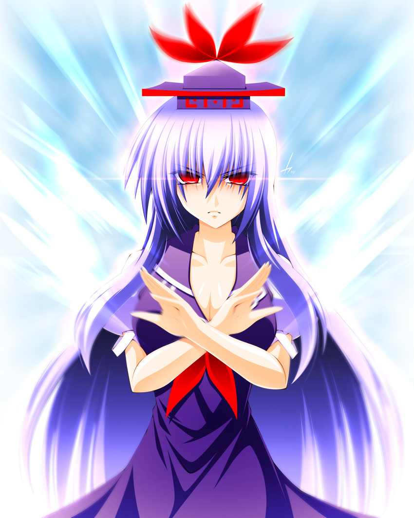 angry blue_hair breasts cleavage dress engo_(aquawatery) glowing glowing_eyes hat highres kamishirasawa_keine long_hair medium_breasts red_eyes slit_pupils solo touhou